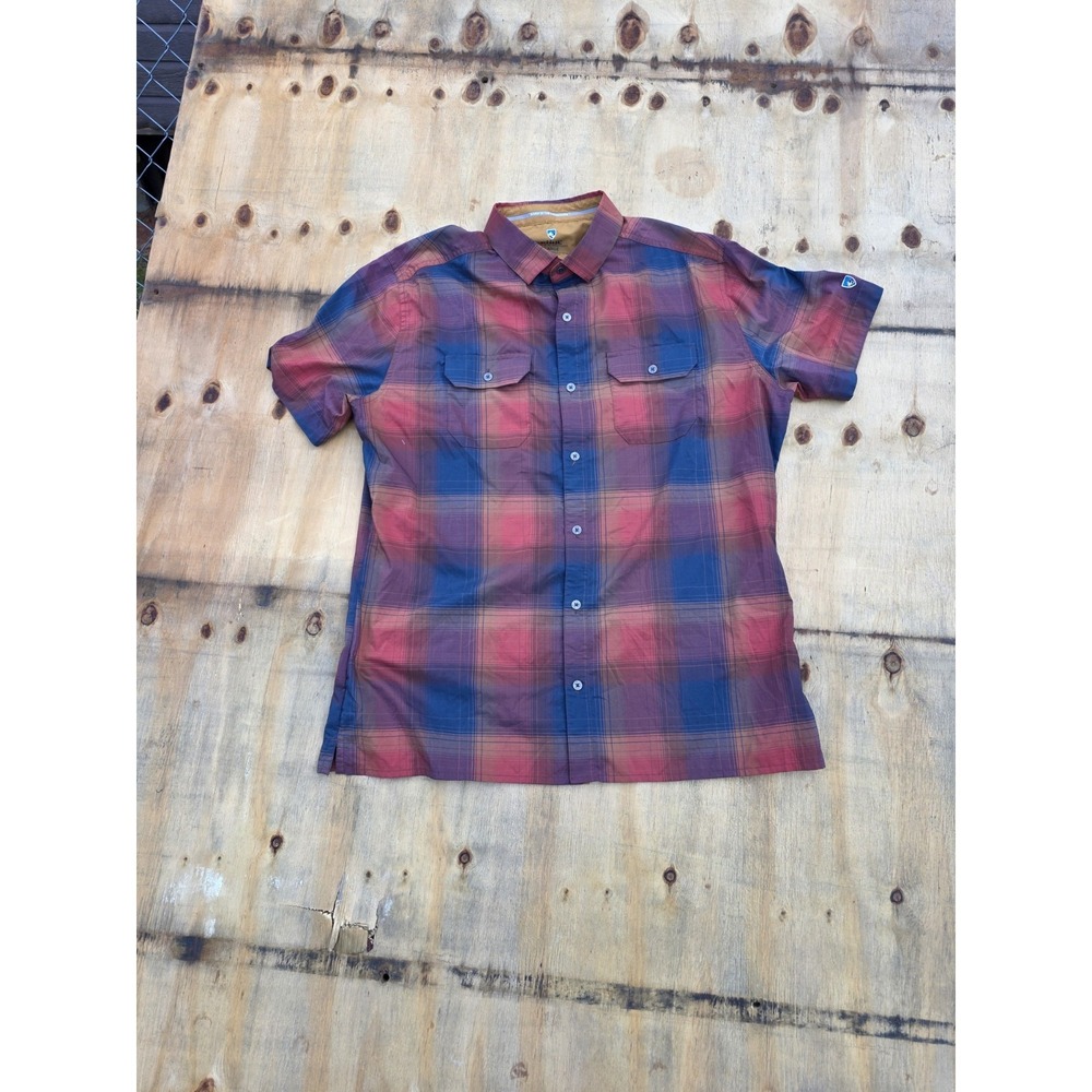 KUHL Mens Large Response Short Sleeve Plaid Button Up Shirt 7452 Hiking